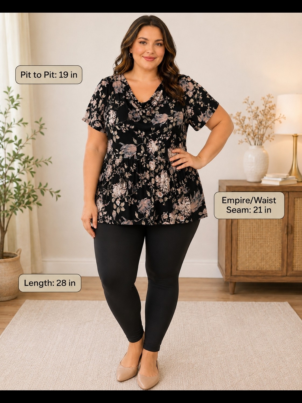 Be Stage Black Floral Cowl Neck Empire Waist Tunic Top Plus Size 2